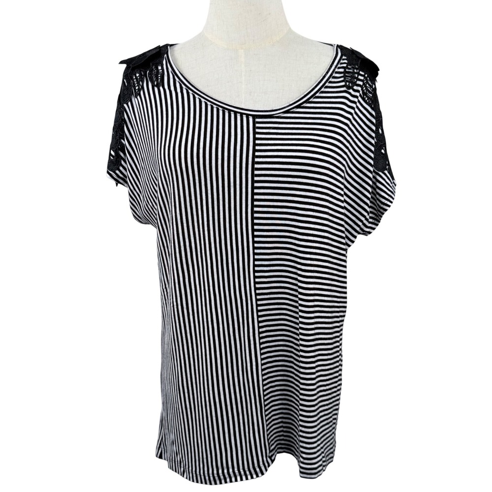 Christopher Banks L Striped Tunic Top Floral Lace Shoulder French Girl Parisian